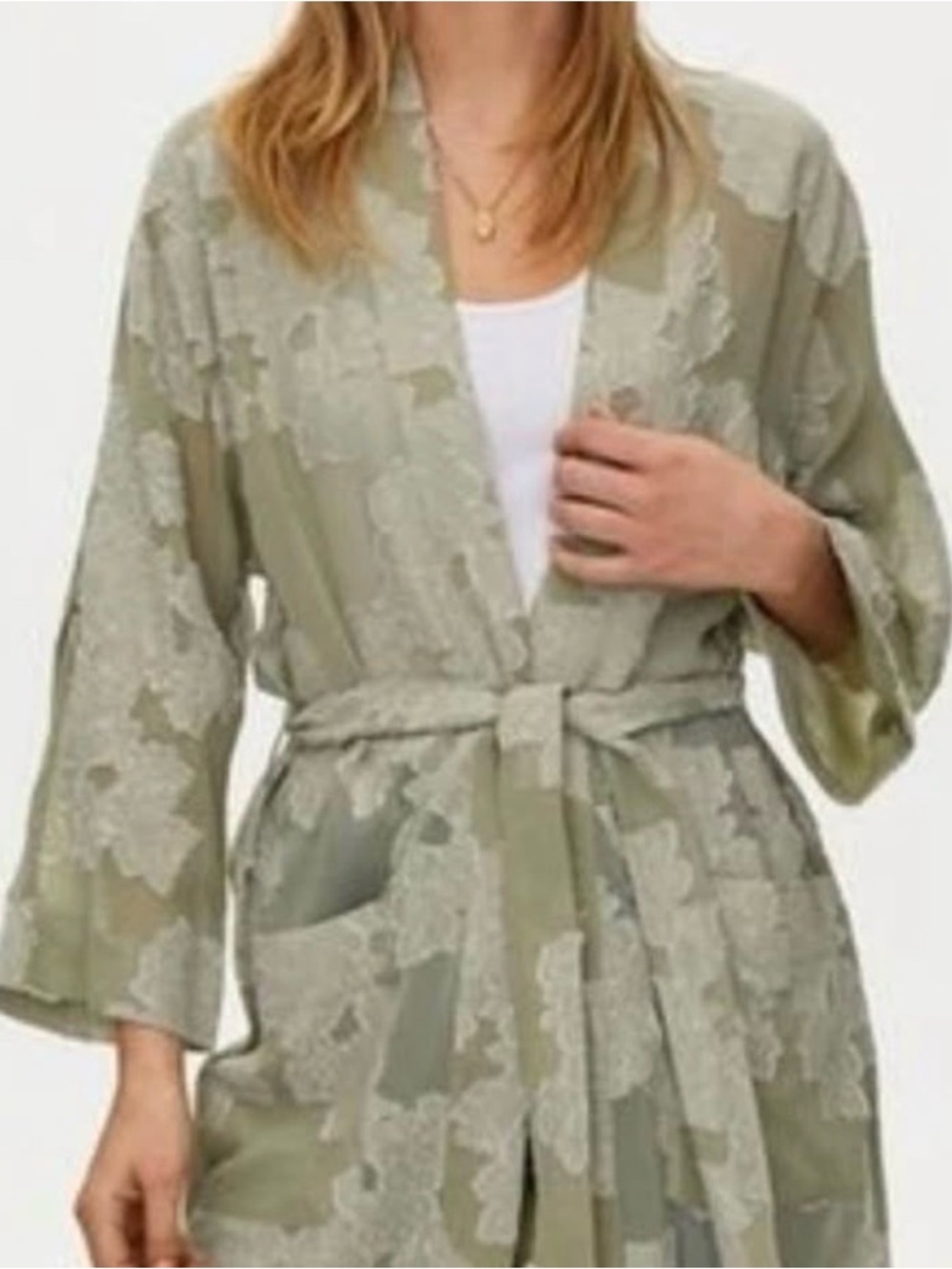 Aritzia Sage Lace-Overlay Kimono Robe with Belt